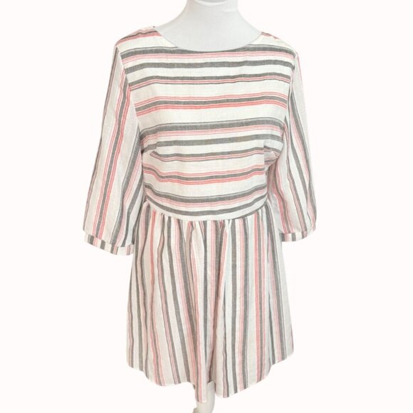 Ecowish Babydoll Pleated Dress Sz L Stripe Lightweight Linen Blend Short Length - Picture 2 of 16